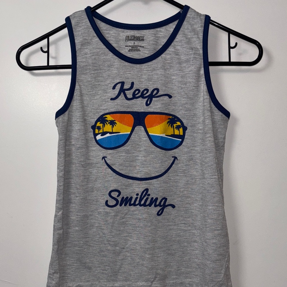 Keep Smiling Gray Tank Top with Blue Trim